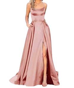 HAHAEMMA Damen Elegant Lange Ballkleider mit Taschen Satin A-Linie Backless Hochzeitskleid Abendkleider Sexy Neckholder Spaghetti Brautkleid Kleider Lang Prinzessin Brautjungfer Kleid (PI-2XL) von HAHAEMMA