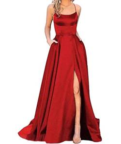 HAHAEMMA Damen Elegant Lange Ballkleider mit Taschen Satin A-Linie Backless Hochzeitskleid Abendkleider Sexy Neckholder Spaghetti Brautkleid Kleider Lang Prinzessin Brautjungfer Kleid (RE-M) von HAHAEMMA