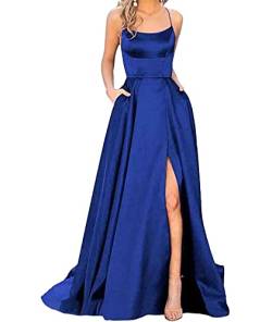 HAHAEMMA Damen Elegant Lange Ballkleider mit Taschen Satin A-Linie Backless Hochzeitskleid Abendkleider Sexy Neckholder Spaghetti Brautkleid Kleider Lang Prinzessin Brautjungfer Kleid (SB-XS) von HAHAEMMA