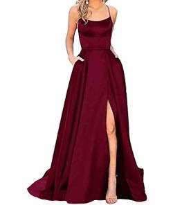 HAHAEMMA Damen Elegant Lange Ballkleider mit Taschen Satin A-Linie Backless Hochzeitskleid Abendkleider Sexy Neckholder Spaghetti Brautkleid Kleider Lang Prinzessin Brautjungfer Kleid (WR-3XL) von HAHAEMMA