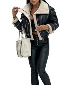 HAHAEMMA Damen Faux Schur Jacke Sherpa gefüttert Winter Warm Mantel Revers Langarm Reißverschluss Outwear mit Taschen(BL,L) von HAHAEMMA