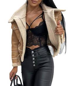 HAHAEMMA Damen Faux Schur Jacke Sherpa gefüttert Winter Warm Mantel Revers Langarm Reißverschluss Outwear mit Taschen(KH,L) von HAHAEMMA