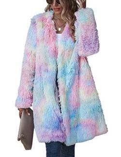 HAHAEMMA Damen Jacken Rainbow Tie Dye Fuzzy Fleece Langarm Wolle Kunstpelz Teddybär Lange Strickjacke Mantel Outwear von HAHAEMMA