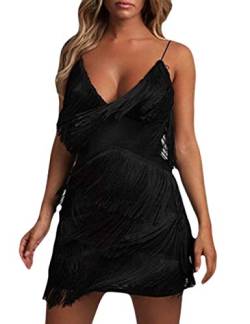 HAHAEMMA Damen Kleid Neckholder Quaste 1920er Fransenkleid Mit Halter Great Gatsby Cocotail Party Flapper Kleider Fasching Fransen Damen Kostüm Kleid(BL,XL) von HAHAEMMA