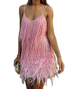 HAHAEMMA Damen Kleid Neckholder Quaste 1920er Fransenkleid Mit Halter Great Gatsby Cocotail Party Flapper Kleider Fasching Fransen Damen Kostüm Kleid（PI,M） von HAHAEMMA