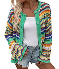 HAHAEMMA Damen Regenbogen Strickjacke Cardigan Pullover Langarm Mehrfarbig Gestreifter Pullover VGRne Offene Jacke Herbst Winter（GR,XL） von HAHAEMMA