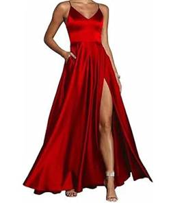 HAHAEMMA Damen Spaghettiträger Abschlussballkleider V-Ausschnitt Hochgeschlossener Satin Formelles Abendkleid mit Taschen RE-3XL von HAHAEMMA