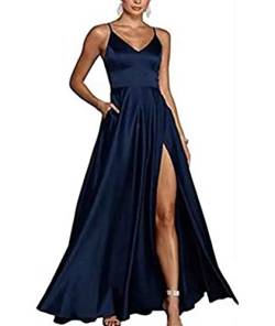 HAHAEMMA Damen Spaghettiträger Abschlussballkleider V-Ausschnitt Hochgeschlossener Satin Formelles Abendkleid mit Taschen ZQ-XS von HAHAEMMA