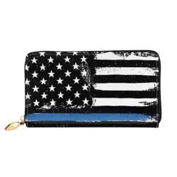 HAHAFU Blue Thin Line Damen-Geldbörse aus Leder mit USA-Flagge, bedruckt, multifunktional, großes Fassungsvermögen, Reißverschluss, Kartenetuis, Schwarz , Einheitsgröße von HAHAFU