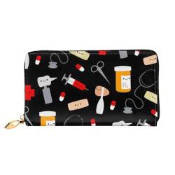 HAHAFU Damen-Geldbörse aus Leder mit Cartoon-Medizin-Muster, multifunktional, großes Fassungsvermögen, Reißverschluss, Kartenetui, Schwarz , Einheitsgröße von HAHAFU