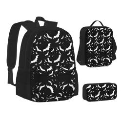 HAHAFU Halloween-Schulrucksack-Set mit fliegenden Fledermäusen und isolierter Lunchtasche, leichtes Federmäppchen, bedrucktes Polyester, Laptop-Rucksack, Schwarz , Einheitsgröße von HAHAFU