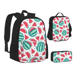 HAHAFU Obst-Wassermelonen-Schulrucksack-Set mit isolierter Lunchtasche, leichtes Federmäppchen, bedrucktes Polyester, Laptop-Rucksack, Schwarz , Einheitsgröße von HAHAFU