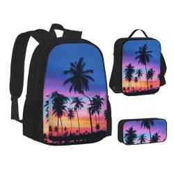 HAHAFU Palmen-Schulrucksack-Set mit isolierter Lunchtasche, leichtes Federmäppchen, bedrucktes Polyester, Laptop-Rucksack, Schwarz , Einheitsgröße von HAHAFU