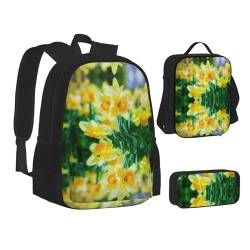 HAHAFU Schulrucksack-Set mit Narzissenblumen-Motiv, isolierte Lunchtasche, leichtes Federmäppchen, bedrucktes Polyester, Laptop-Rucksack, Schwarz , Einheitsgröße von HAHAFU