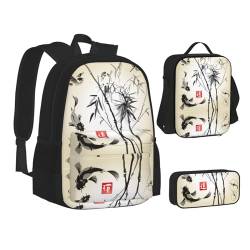 HAHAFU Schulrucksack-Set mit isolierter Lunchtasche, leichtes Federmäppchen, bedruckt, Polyester, Laptop-Rucksack, Motiv: Fischvogel und Bambusblätter, Schwarz , Einheitsgröße von HAHAFU