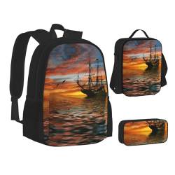 HAHAFU Schulrucksack-Set mit isolierter Lunchtasche, leichtes Federmäppchen, bedrucktes Polyester, Laptop-Rucksack, Schwarz , Einheitsgröße von HAHAFU