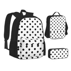 HAHAFU Schulrucksack-Set mit isolierter Lunchtasche, leichtes Federmäppchen, bedrucktes Polyester, Laptop-Rucksack, gepunktet, Schwarz , Einheitsgröße von HAHAFU