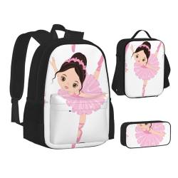 HAHAFU Schulrucksack-Set mit kleiner Ballerina, mit isolierter Lunchtasche, leichtes Federmäppchen, bedrucktes Polyester, Laptop-Rucksack, Schwarz , Einheitsgröße von HAHAFU
