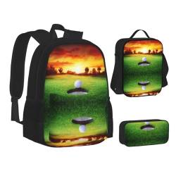 HAHAFU Sport-Golfball-Schulrucksack-Set mit isolierter Lunchtasche, leichtes Federmäppchen, bedrucktes Polyester, Laptop-Rucksack, Schwarz , Einheitsgröße von HAHAFU