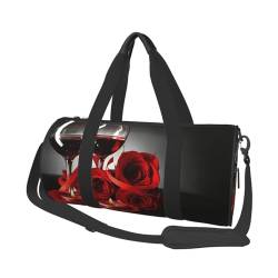 Rote Rose und Wein, romantische Reisetasche, Organizer, Sporttasche, Turnbeutel, großer Druck, Polyester, Schultertasche für Damen und Herren, Schwarz , Einheitsgröße von HAHAFU