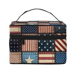 HAICOM Make-up-Tasche, Organizer, groß, gestreift, bedruckt, Reise-Kosmetiktasche mit Reißverschluss, für Damen und Make-up-Künstler, tragbare quadratische Tasche, Amerikanische Flagge Patchwork, von HAICOM