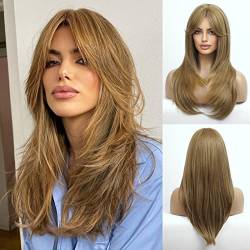 HAIRCUBE Curtiain Bangs Hell Lockig Braun Blond Mix Türkis Braun Hellblond Schulterlang Damenperücken Synthetische Natur Welle Haar Perücken für Tägliche Cosplay Damenperücke von HAIRCUBE