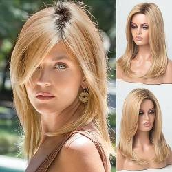 HAIRCUBE Erdbeerblonde Perücken für Frauen Natürliches Seitenteil Glattes Haar Perücke Schulterlange Ombre Dunkle Wurzel Haarperücke (18 Inch) von HAIRCUBE