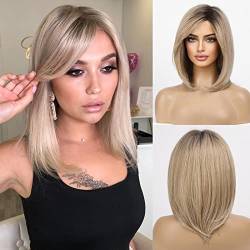 HAIRCUBE Gerade Kurze Charmante Bob mit Bangs Perücken für Frau Natur Hitzebeständige Synthetische Faser Party/Cosplay/Kostüm/Tägliche Perücke (dunkle Wurzel Ombre Asche Blond) von HAIRCUBE