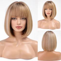 HAIRCUBE Gerade Kurze Charmante Bob mit Bangs Perücken für Frau Natur Hitzebeständige Synthetische Faser Party/Cosplay/Kostüm/Tägliche Perücke (ombre blond mit Highlight) von HAIRCUBE