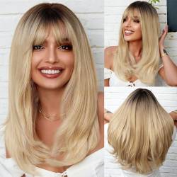 HAIRCUBE Goldene Perücke mit Pony, goldenes glattes Haar, dunkle Ansätze für Frauen, synthetisches Haar, natürlicher Look von HAIRCUBE