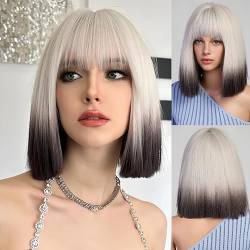 HAIRCUBE Kurze Charmante Bob mit Bangs Perücken für Frau Natur Hitzebeständige Synthetische Faser Party/Cosplay/Kostüm/Tägliche Perücke (weiß ombre hell schwarz) von HAIRCUBE