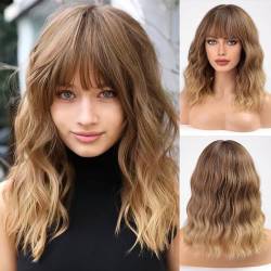 HAIRCUBE Kurze Charming Bob mit Bangs Perücken für Frau Natur Hitzebeständige Kunstfaser Party/Cosplay/Kostüm/Tägliche Perücke (Ombre Brown Blonde) von HAIRCUBE