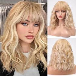 HAIRCUBE Kurze Charming Bob mit Bangs Perücken für Frau Natur Hitzebeständige Synthetische Faser Party/Cosplay/Kostüm/Tägliche Perücke (Blond mit Highlight) von HAIRCUBE