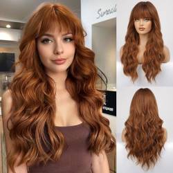 HAIRCUBE Lange Locken/Welle mit Pony Perücken für Frauen Natur Hitzebeständige Kunstfaser Perücken mit Pony Täglich Cosplay(Auburn) von HAIRCUBE