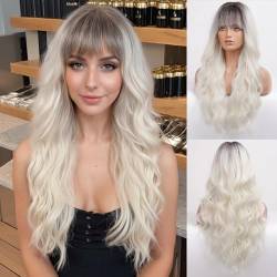 HAIRCUBE Lange Locken/Welle mit Pony Perücken für Frauen Natur Hitzebeständige Kunstfaser Perücken mit Pony Täglich Cosplay(Ombre Platin) von HAIRCUBE