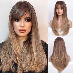 HAIRCUBE Ombre Braun Lang Gschichtete Per체cke mit Pony Nat체rliches Aussehen Hitzebest채ndige Synthetikper체cke Geeignet f체r modische Frauen 25 Zoll von HAIRCUBE