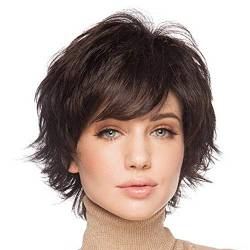 HAIRCUBE Pixie Cut Perücke Menschenhaar Perücken für Frauen Hübsches kurzes Haar mit Bangs Natürliche Menschenhaar Perücke (Dunkelbraun) von HAIRCUBE