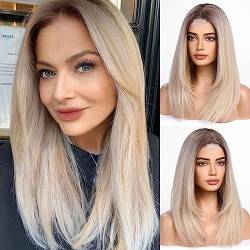 HAIRCUBE kurze Front-Lace Natur Perücken für Frauen Mittelteil Schauen Hitzebeständige Faser Synthetische Perücken(Schulterlänge geschichtet;Dark Ombre Blond) von HAIRCUBE