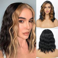 HAIRECUBE Handgebundene Haaranlieger Braun Mix Blonde Perücke Schulterlangen Perücken für Frauen Side Trennen Wellenförmige Bob Perücke für täglich von HAIRCUBE