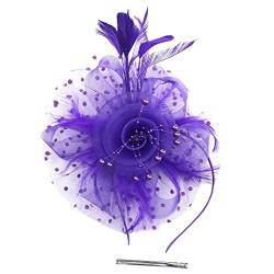 HAITANGUO Damen Fascinator Hut mit Federn Schleier Stirnband Hochzeit Cocktail Clip Blumen Netz Braut Kopfschmuck Hochzeit Tea Party Hüte Haarschmuck Kopfbedeckung für Kirche (Z2-Purple, One Size) von HAITANGUO