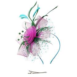 HAITANGUO Damen Fascinator Hut mit Federn Schleier Stirnband Hochzeit Cocktail Clip Blumen Netz Braut Kopfschmuck Hochzeit Tea Party Hüte Haarschmuck Kopfbedeckung für Kirche (Z3-Hot Pink, One Size) von HAITANGUO