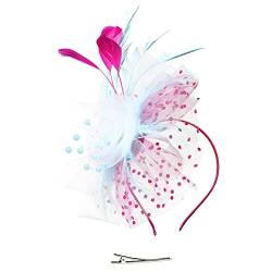 HAITANGUO Damen Fascinator Hut mit Federn Schleier Stirnband Hochzeit Cocktail Clip Blumen Netz Braut Kopfschmuck Hochzeit Tea Party Hüte Haarschmuck Kopfbedeckung für Kirche (Z3-Sky Blue, One Size) von HAITANGUO
