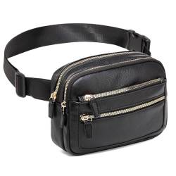 Bauchtasche Damen Leder Gürteltasche Herren Klein Hüfttasche wasserdichte Viele Fächer Leichte Fanny Pack für Urlaub Laufen Einkaufen Radfahren (A-Schwarz) von HAIWILL