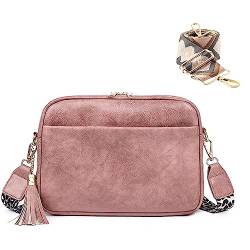 HAIWILL Crossbody Bag Damen Breiter Gurt Umhängetasche Klein Tasche mit Breitem Schultergurt Moderne Taschen Leder Crossbag mit 3 Reißverschlussfächer und Verstellbar Abnehmbar Schultergurt (Rosa) von HAIWILL