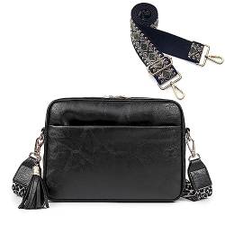 HAIWILL Crossbody Bag Damen Breiter Gurt Umhängetasche Klein Tasche mit Breitem Schultergurt Moderne Taschen Leder Crossbag mit 3 Reißverschlussfächer und Verstellbar Abnehmbar Schultergurt (Schwarz) von HAIWILL