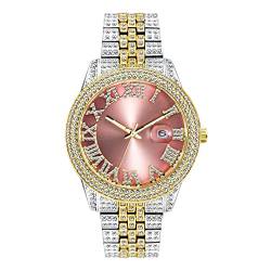 HALOKAIYA ICEDIAMOND Fashion Iced Pink Roman Dial Armbanduhr, Iced Out Full Simulierter Diamant Wasserdichtes Leuchtendes Paar Uhrenarmband (Mix-Pink) von HALOKAIYA