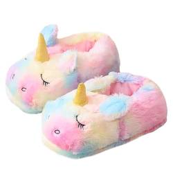 HANDKEI Niedliche Regenbogen Einhorn Hausschuhe Plüschtier Hausschuhe Winter Warm Home Indoor Hausschuhe (35/38 EU, Farbe 2, numeric_35) von HANDKEI