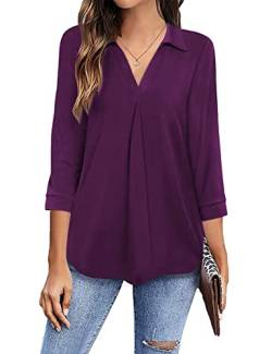 HANERDUN Damen Bluse 3/4 Ärme Langarmshirt Hemden V-Ausschnitt Elegant Casual Shirt Flowy Longshirt Lässige Tops von HANERDUN