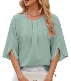 HANERDUN Damen Bluse Flowy Chiffon Blusenshirt Sommer Shirts Elegant 3/4 Arm Kurze Tunika Falten Rundhals Tops Casual Oberteile Locker Hemd Streetwear von HANERDUN