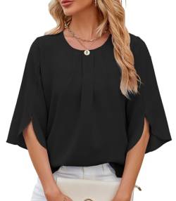 HANERDUN Damen Bluse Flowy Chiffon Blusenshirt Sommer Shirts Elegant 3/4 Arm Kurze Tunika Falten Rundhals Tops Casual Oberteile Locker Hemd Streetwear von HANERDUN